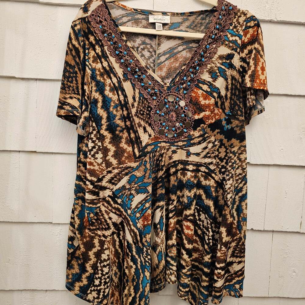 Dressbarn Women's 14/16 Embellished Boho Tunic Top Brown Blue Plus Size 1X